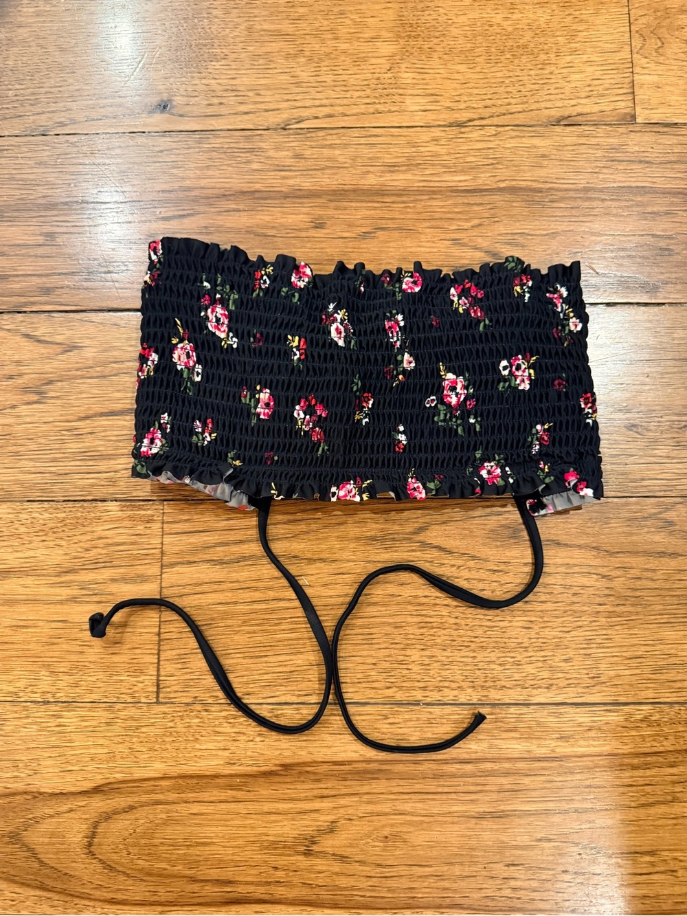 Black Floral Smocked Tube Top Bathing Suit